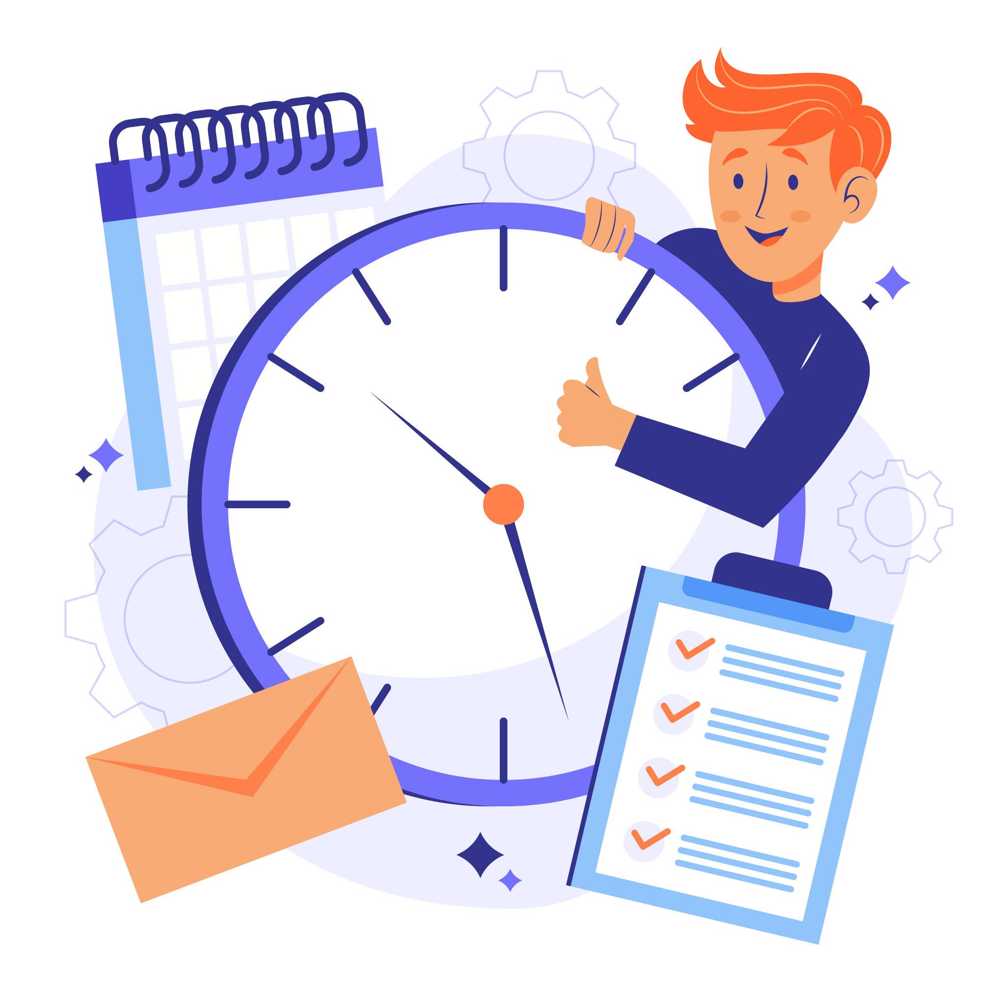 Time Clock Illustration with a man and things around